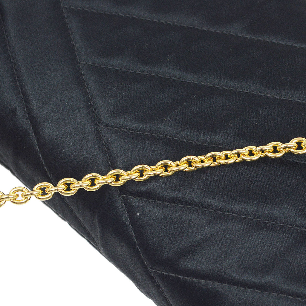 CHANEL 1990's Black Satin Diagonal Crystal & Gold CC Evening Bag