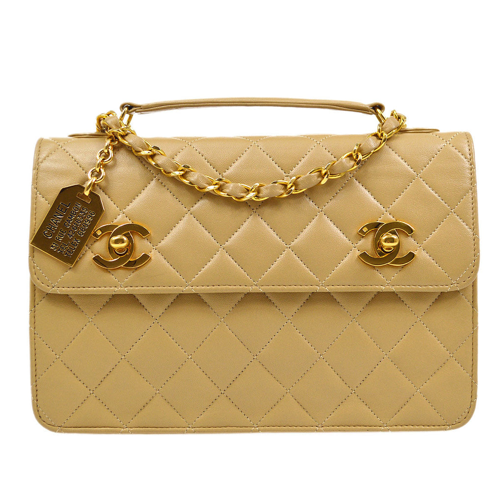 CHANEL 1989-1991 Double Turnlock Handbag Beige Lambskin