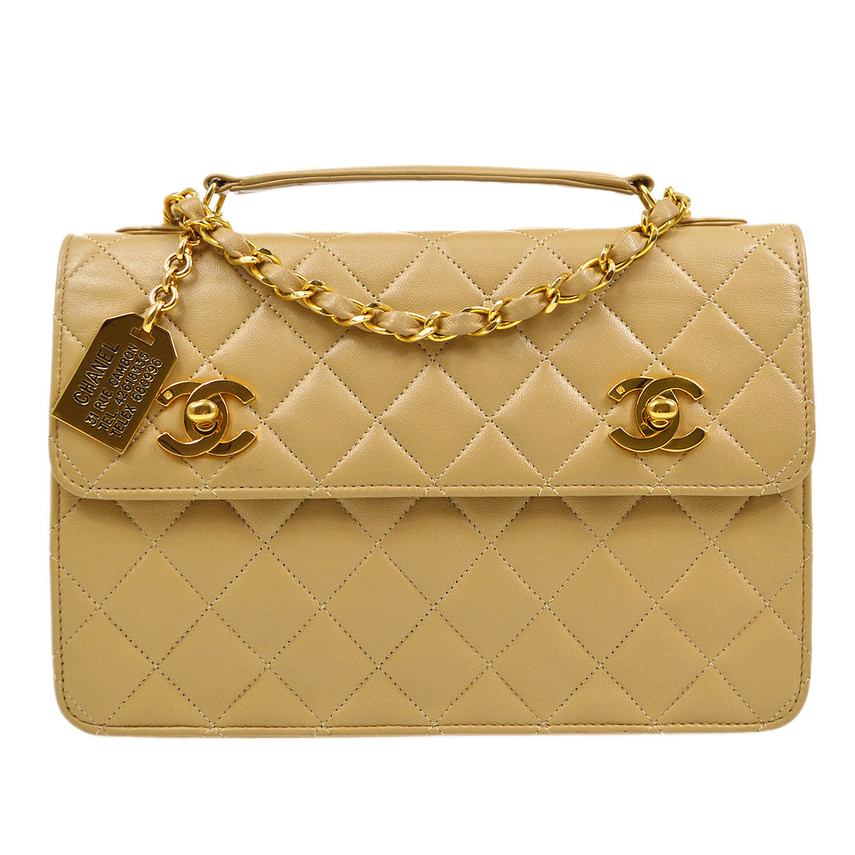 CHANEL 1989-1991 Double Turnlock Handbag Beige Lambskin