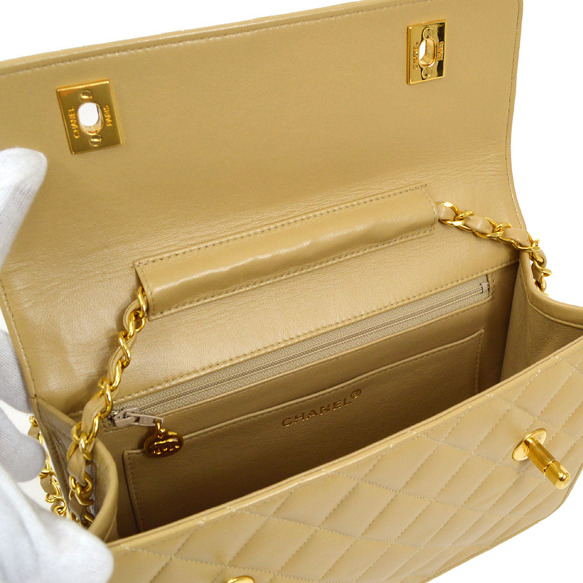 CHANEL 1989-1991 Double Turnlock Handbag Beige Lambskin