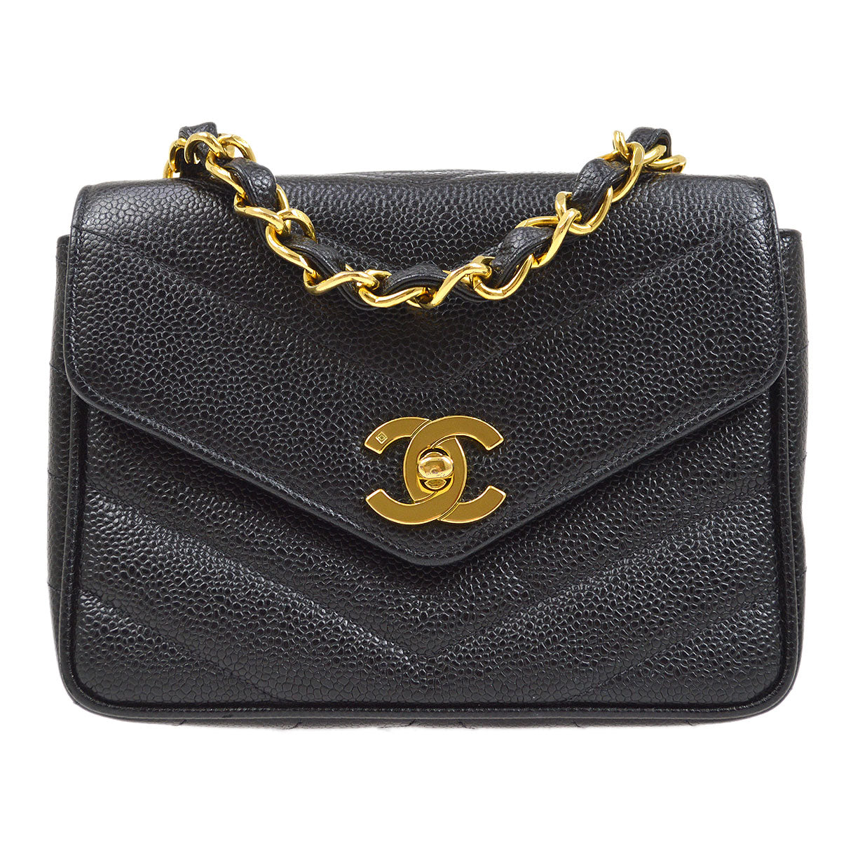 CHANEL 1994-1996 Chevron Letter Flap Mini Black Caviar