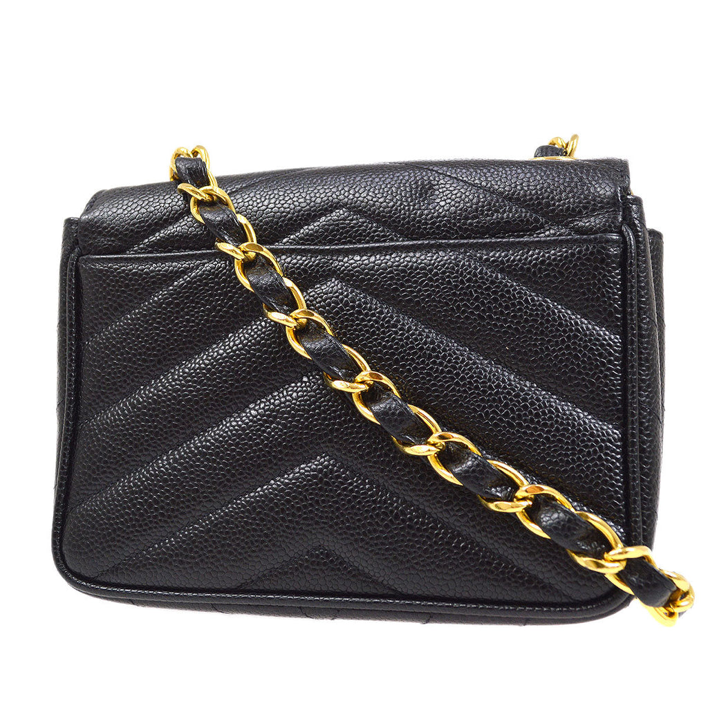 CHANEL 1994-1996 Chevron Letter Flap Mini Black Caviar