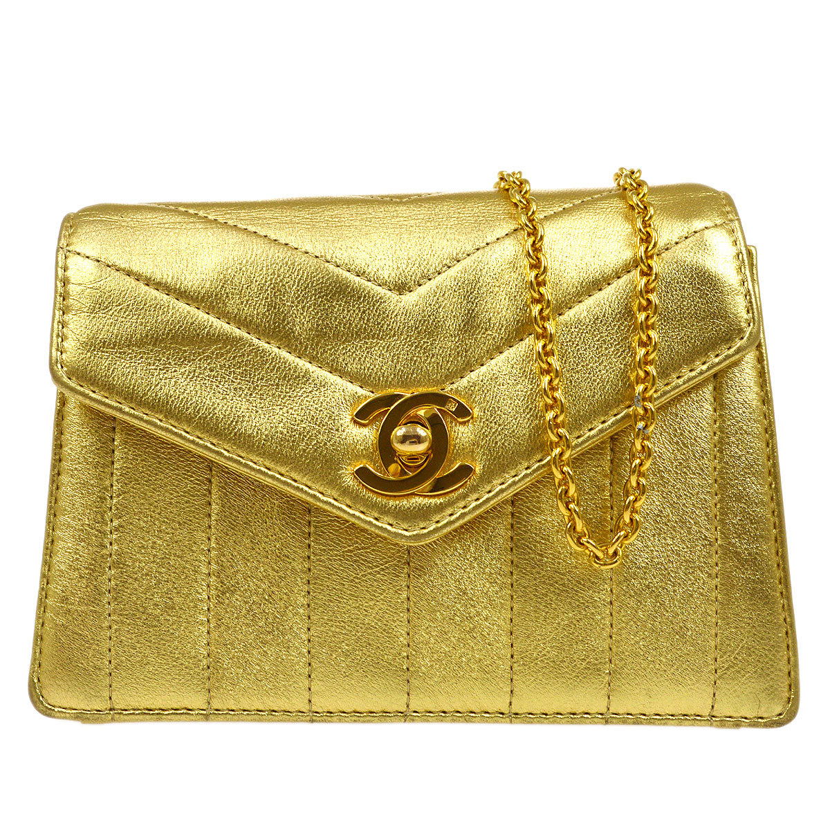 CHANEL 1991-1994 Chevron Letter Flap Vertical Bag Mini Gold Lambskin
