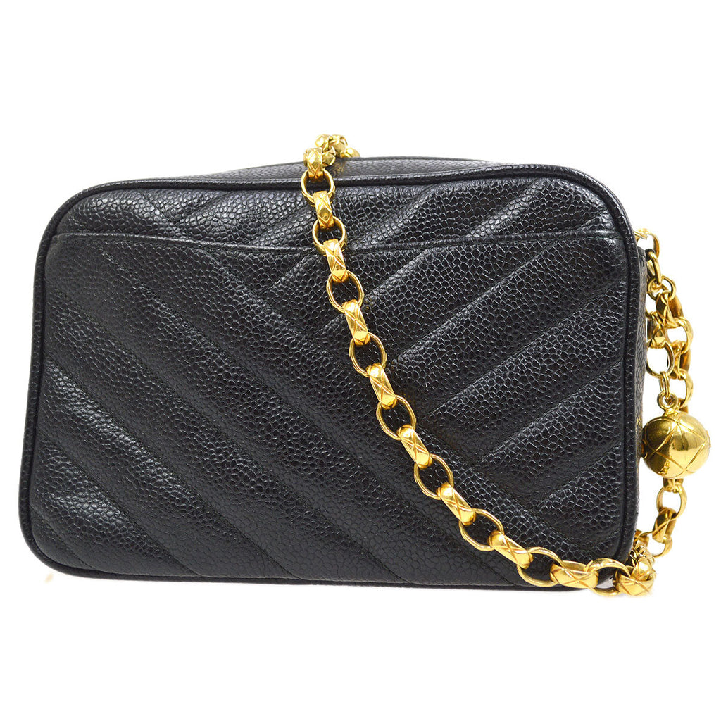 CHANEL 1991-1994 Diagonal Camera Bag Mini Black Caviar