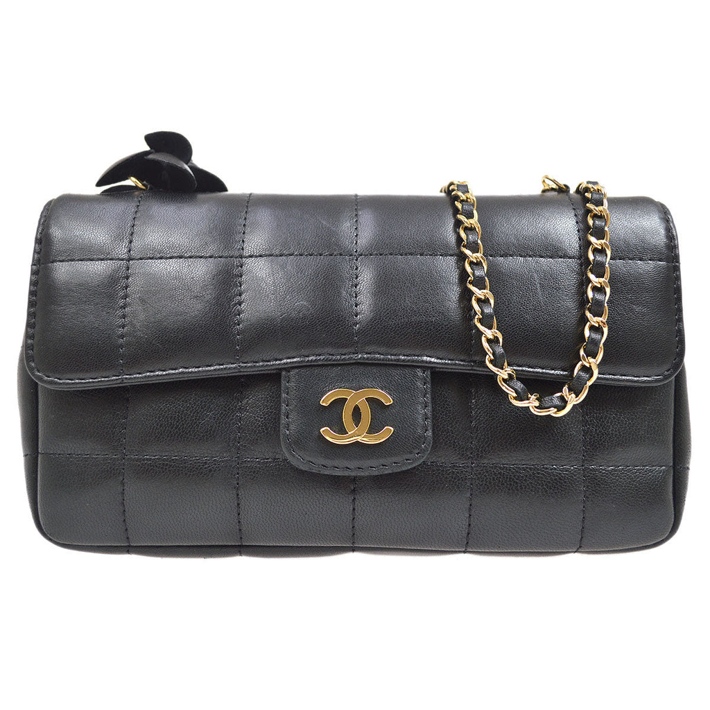 CHANEL 2008-2009 Camellia Choco Bar Flap Bag Mini Black Lambskin