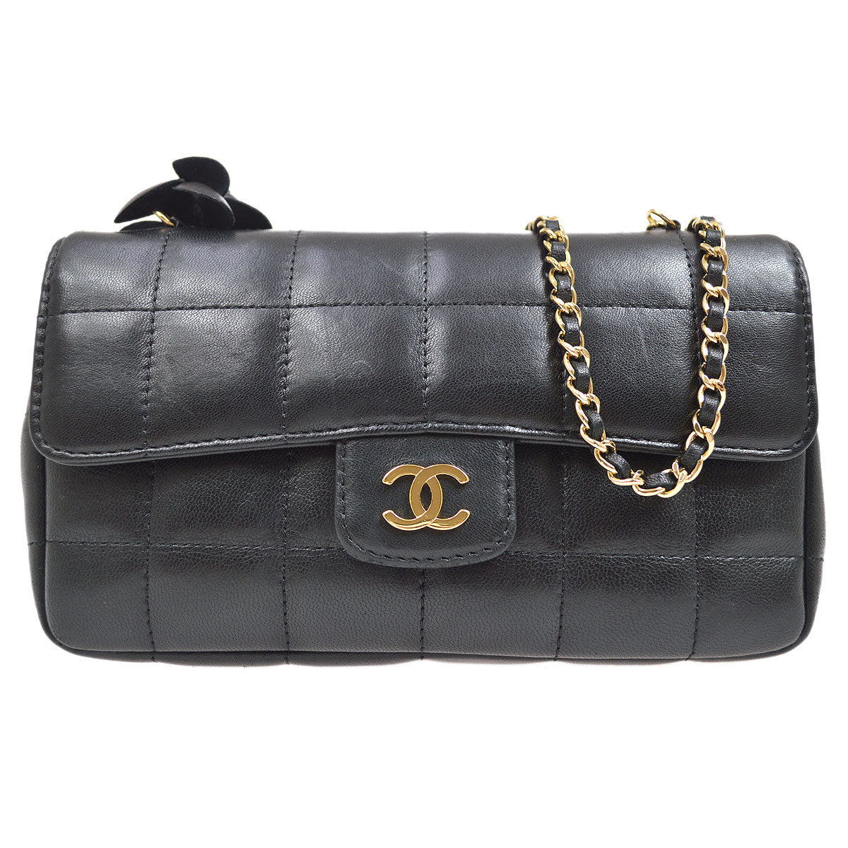 CHANEL 2008-2009 Camellia Choco Bar Flap Bag Mini Black Lambskin