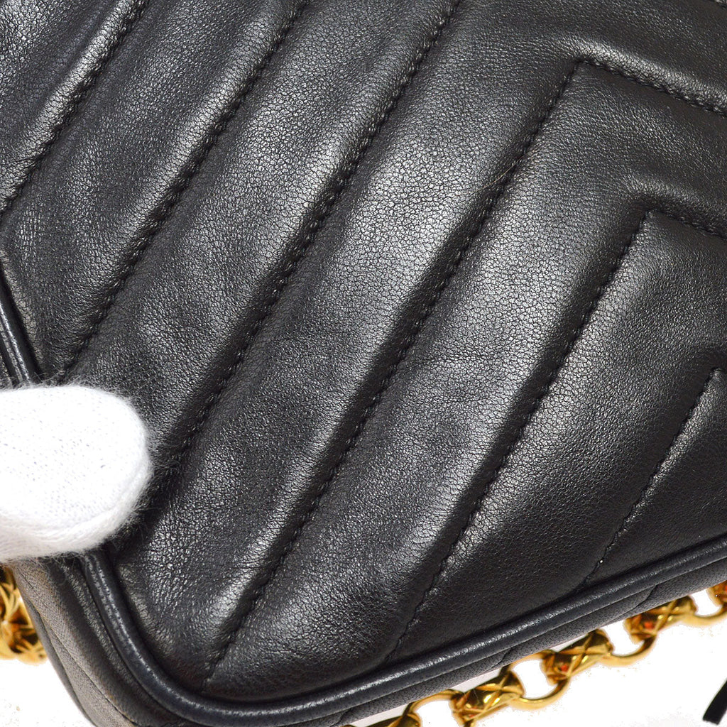 CHANEL 1991-1994 Chevron Pocket Camera Bag Mini Black Lambskin