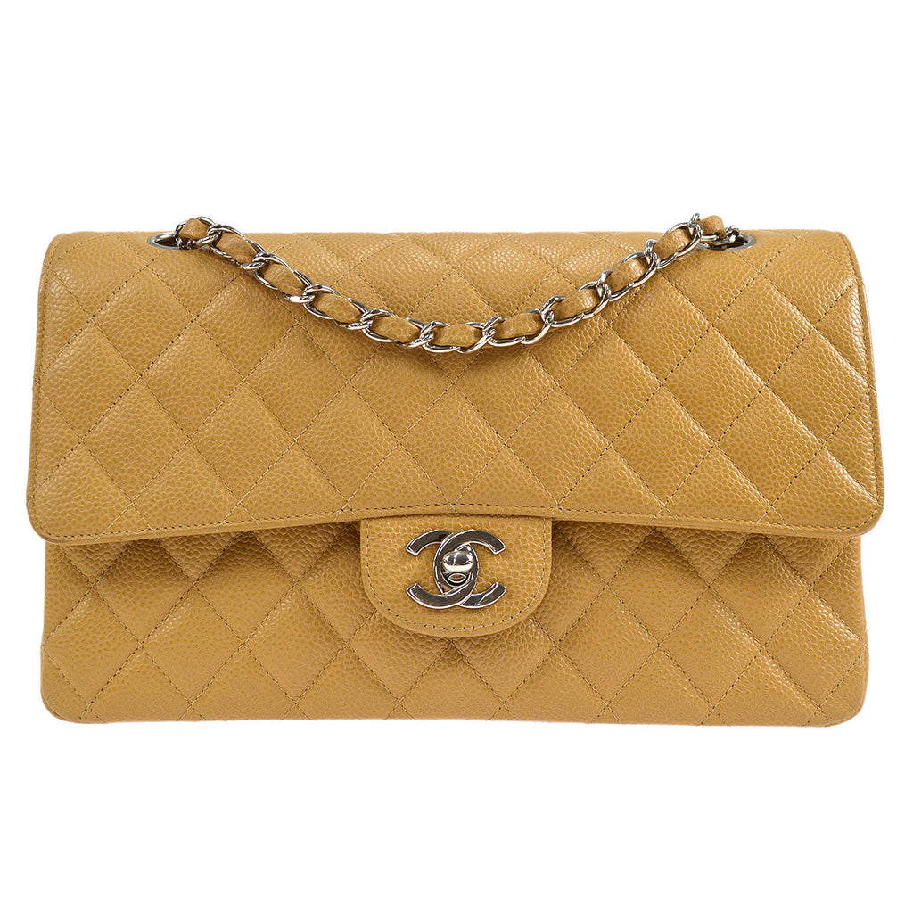 CHANEL 2000-2001 Classic Double Flap Medium SHW Beige Caviar