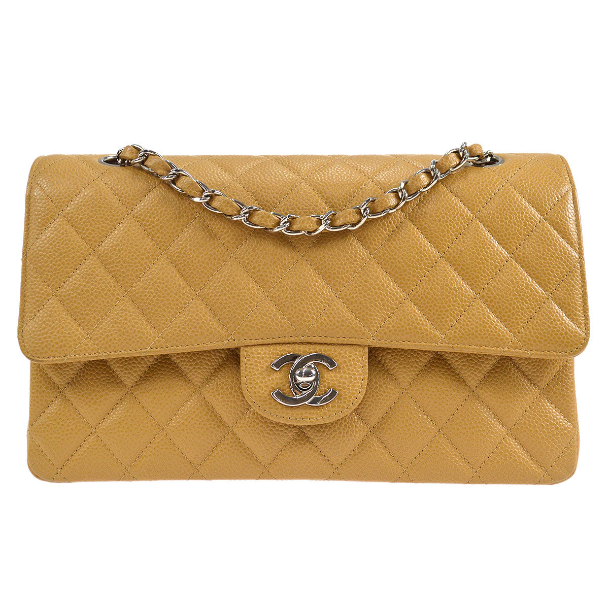 CHANEL 2000-2001 Classic Double Flap Medium SHW Beige Caviar