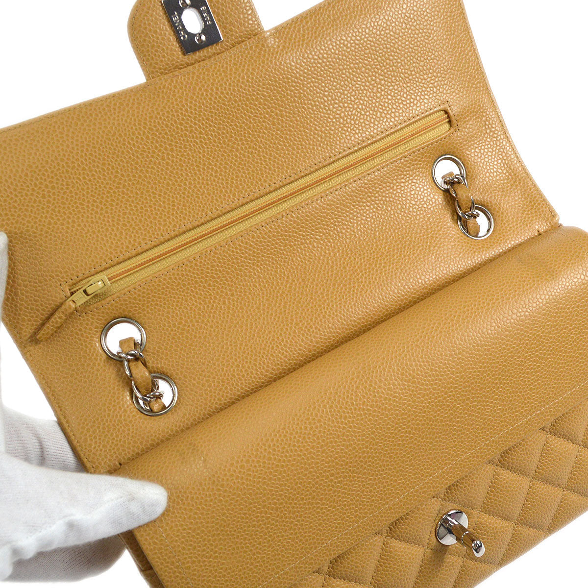 CHANEL 2000-2001 Classic Double Flap Medium SHW Beige Caviar