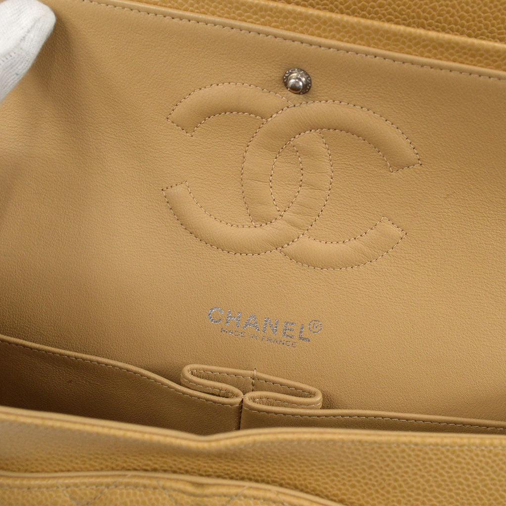 CHANEL 2000-2001 Classic Double Flap Medium SHW Beige Caviar