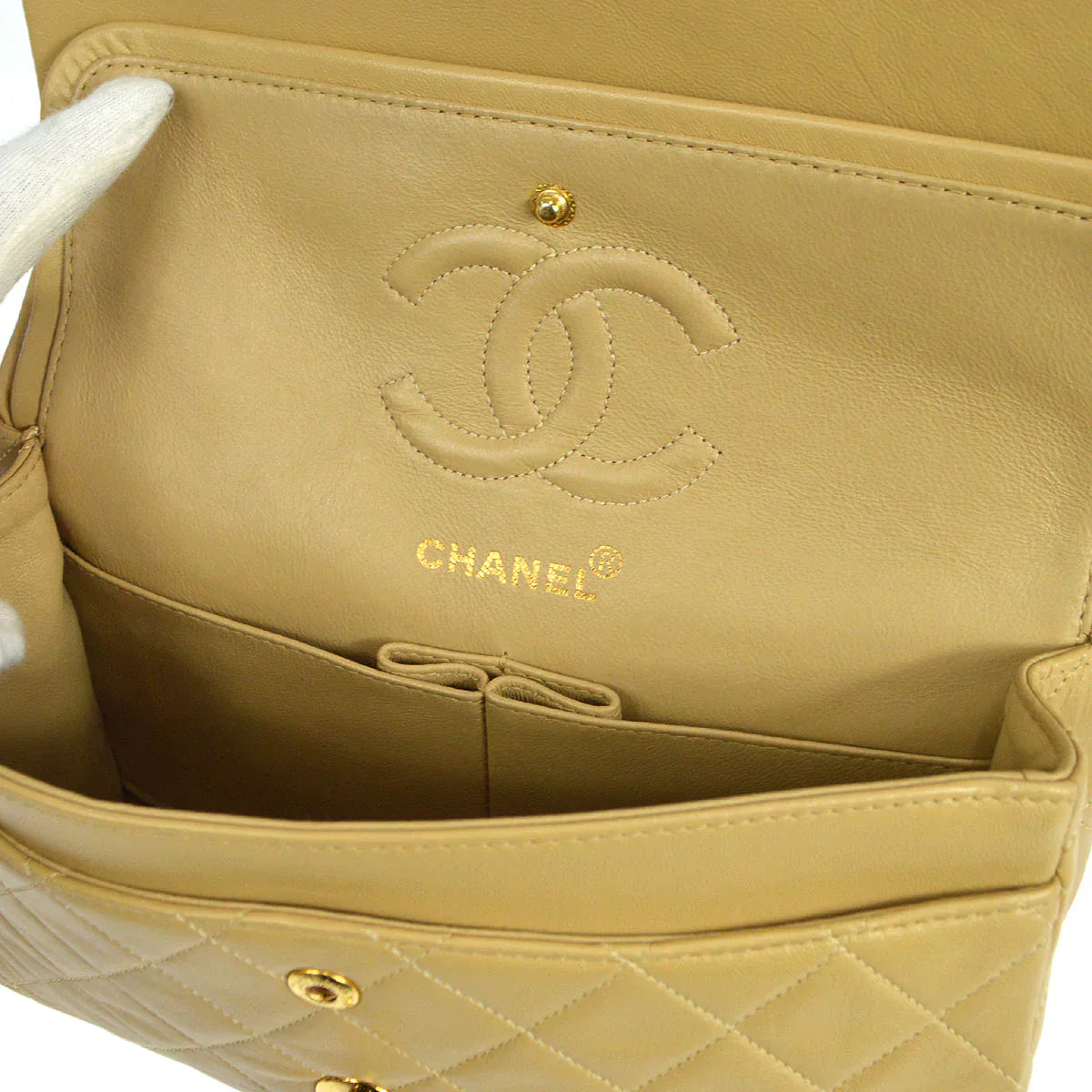 CHANEL 1989-1991 Classic Double Flap Small Beige Lambskin