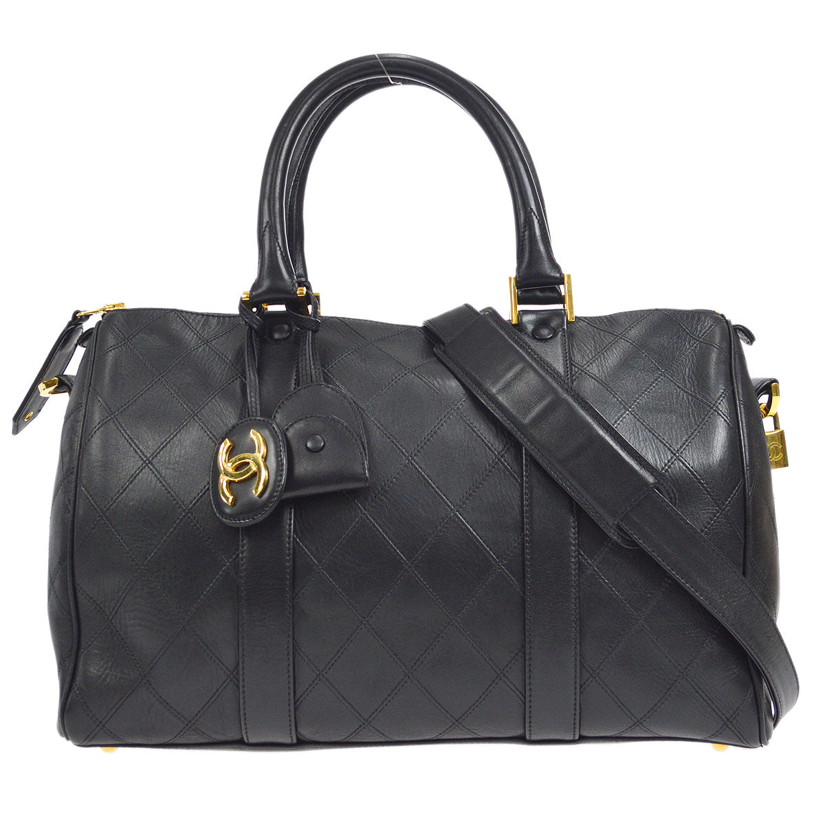 CHANEL 1994-1996 Cosmoline 2way Boston 35 Black Calfskin