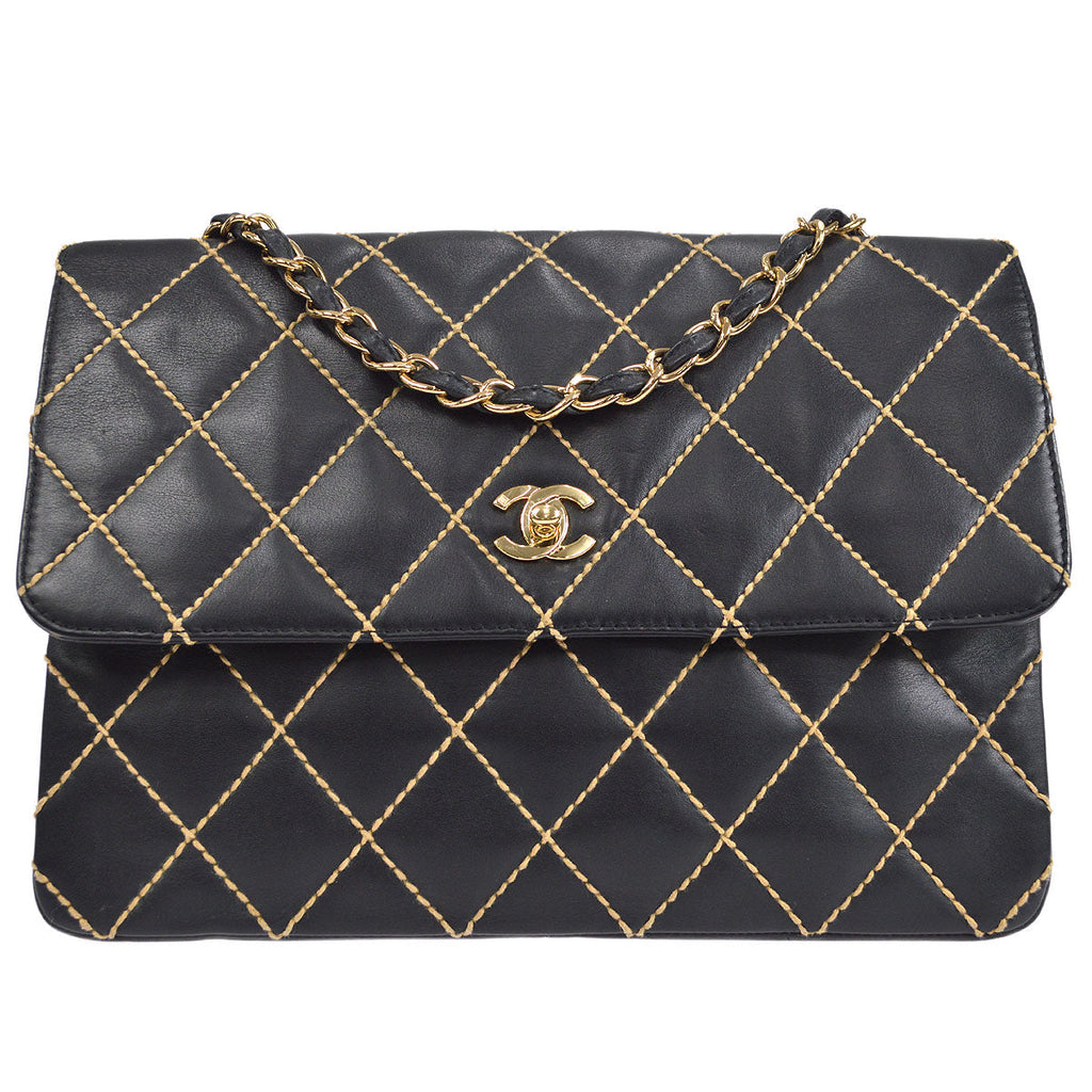 CHANEL 2001-2003 Wild Stitch Straight Flap Jumbo Black Calfskin