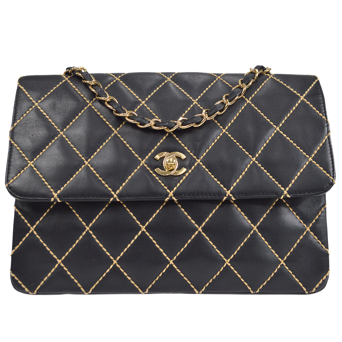 CHANEL 2001-2003 Wild Stitch Straight Flap Jumbo Black Calfskin