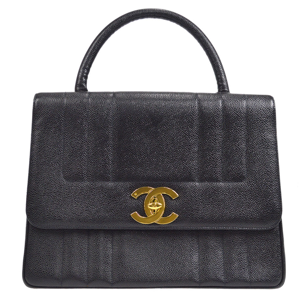 CHANEL 1994-1996 Border Vertical Flap Handbag Black Caviar