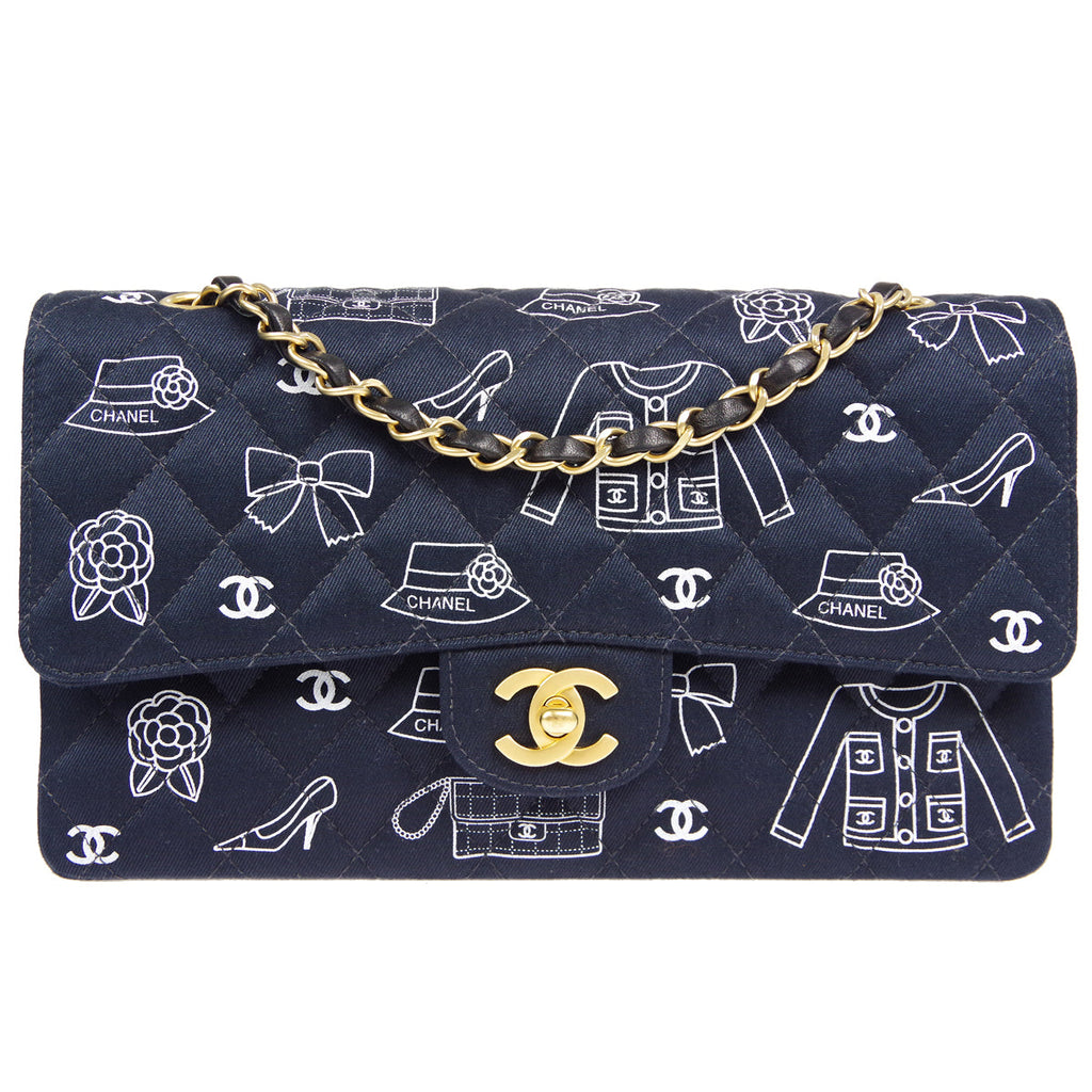 CHANEL 2001-2003 Icon Printed Classic Double Flap Medium Black