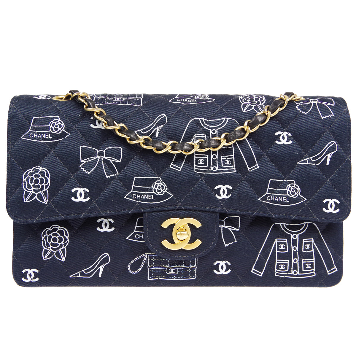 CHANEL 2001-2003 Icon Printed Classic Double Flap Medium Black