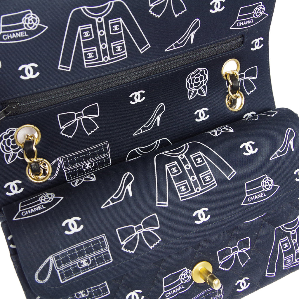 CHANEL 2001-2003 Icon Printed Classic Double Flap Medium Black