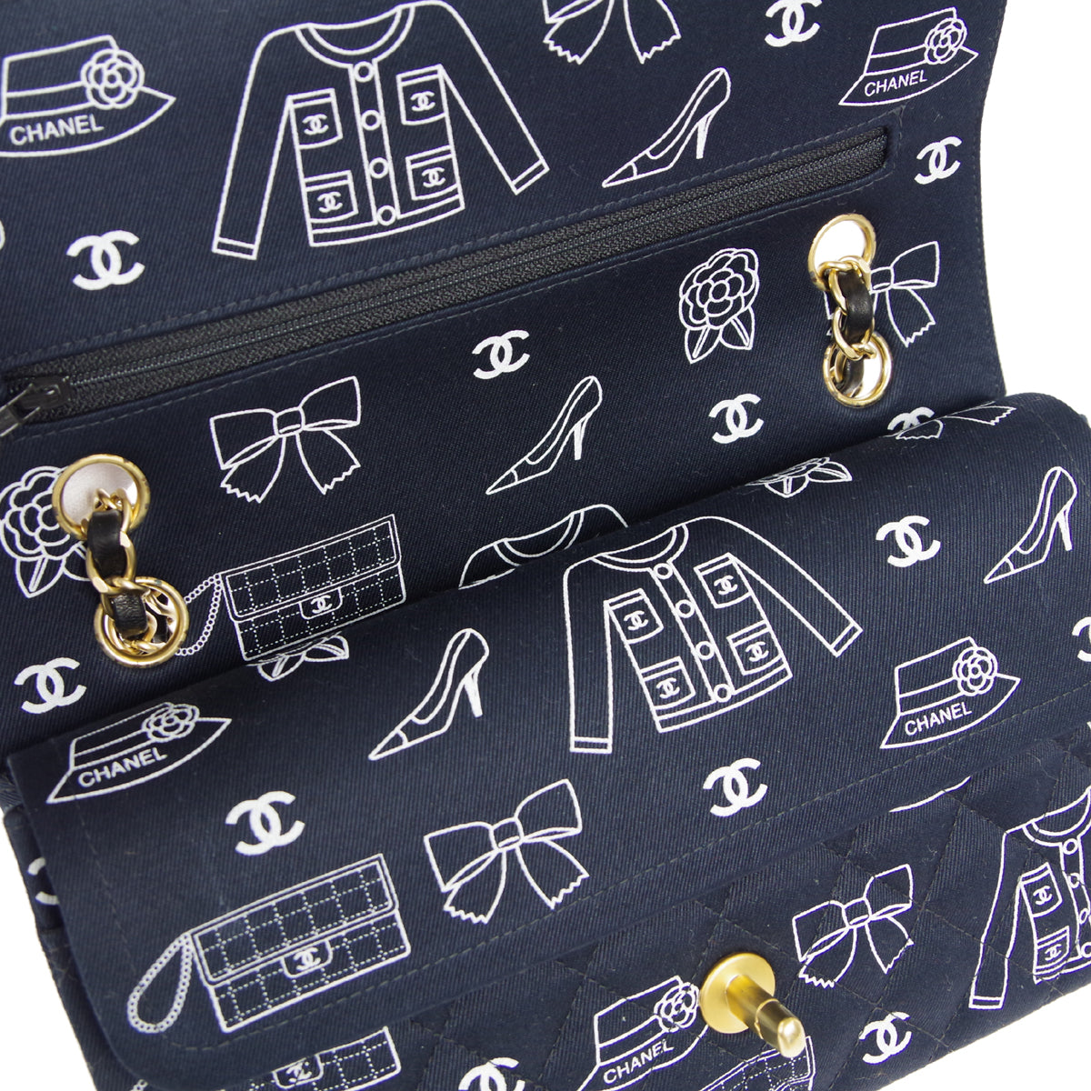 CHANEL 2001-2003 Icon Printed Classic Double Flap Medium Black