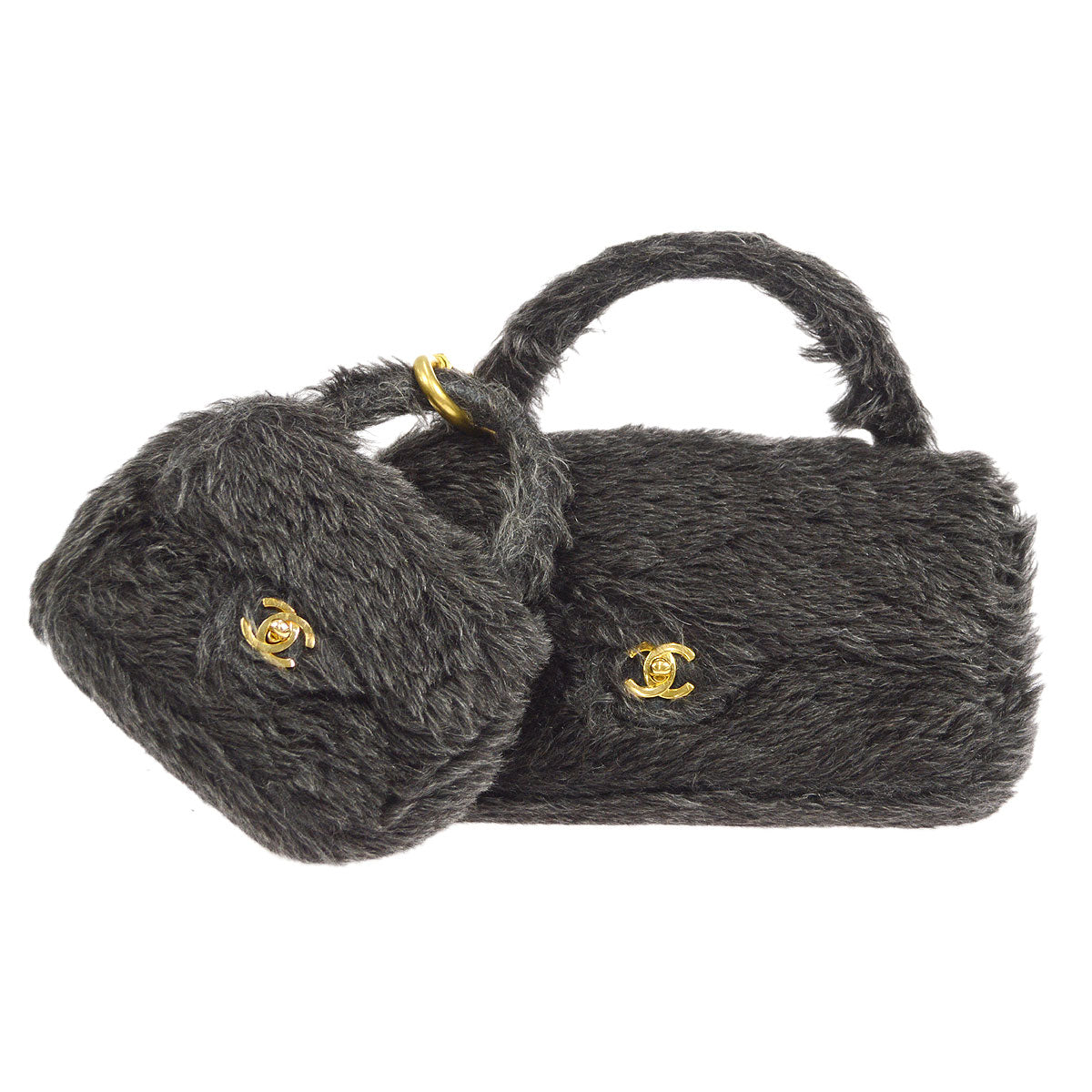 CHANEL * 1991-1994 Classic Flap Handbag Set Black Fur