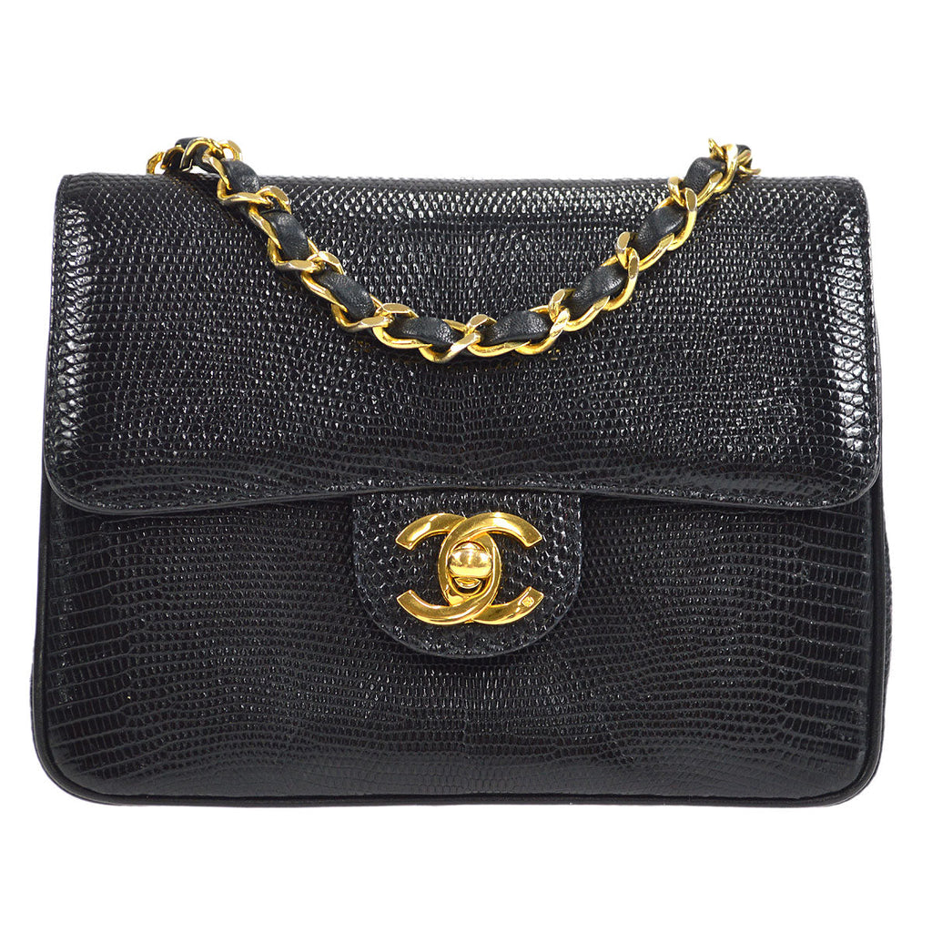 CHANEL * 1986-1988 Classic Square Flap Mini 17 Black Lizard
