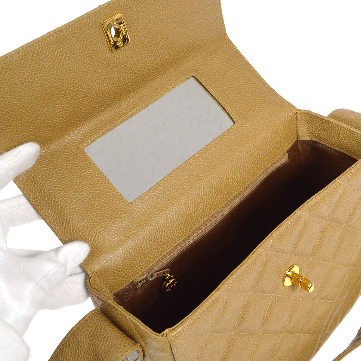 CHANEL * 1996-1997 Flap Box Vanity Shoulder Bag Small Beige Caviar