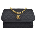 CHANEL 1994-1996 Border Round Flap Small & Pouch Set Black Satin