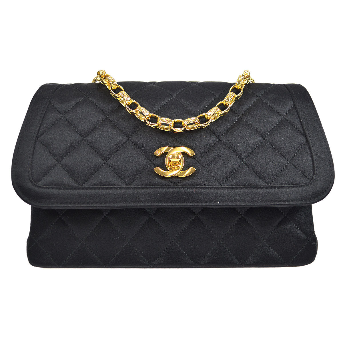 CHANEL 1994-1996 Border Round Flap Small & Pouch Set Black Satin
