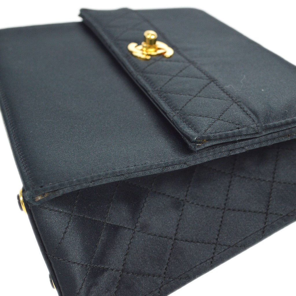 CHANEL 1989-1991 Trapezoid Flap Mini & Pouch Set Black Satin