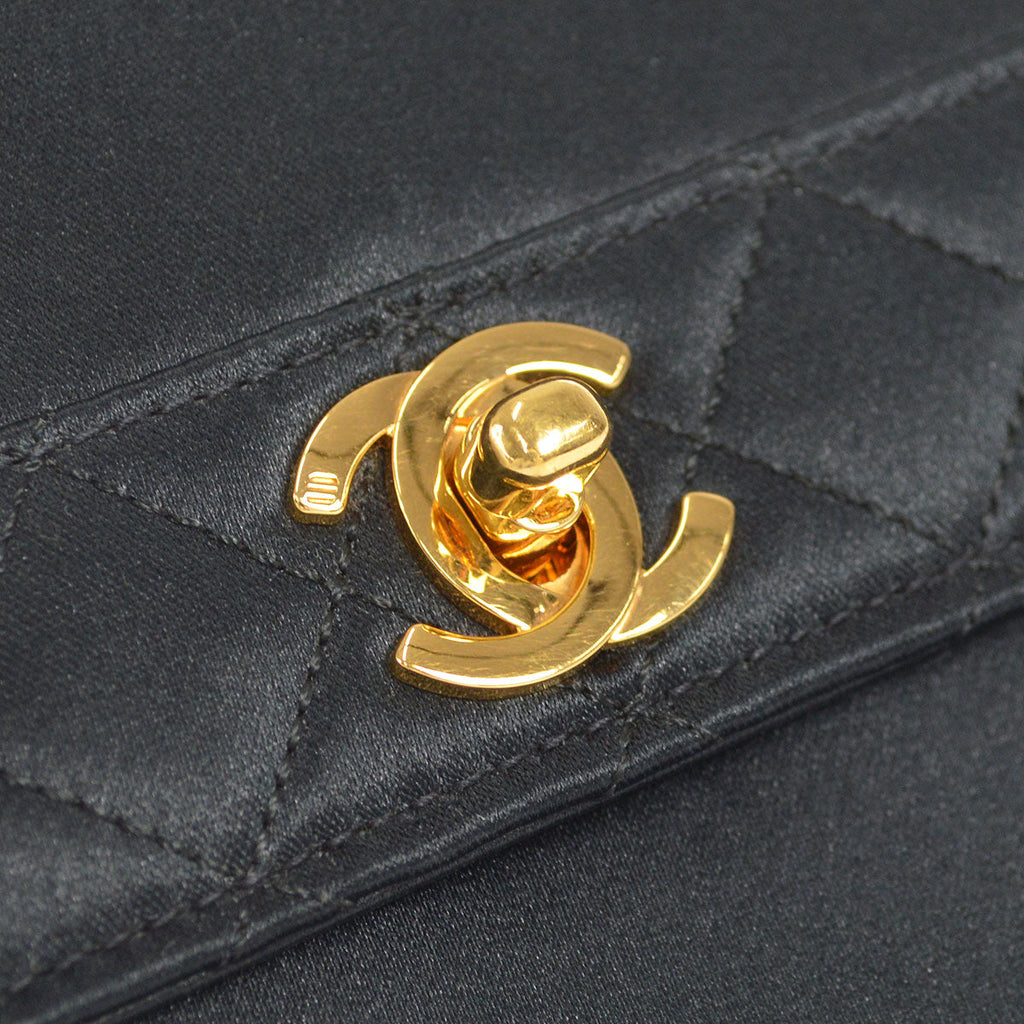 CHANEL 1989-1991 Trapezoid Flap Mini & Pouch Set Black Satin