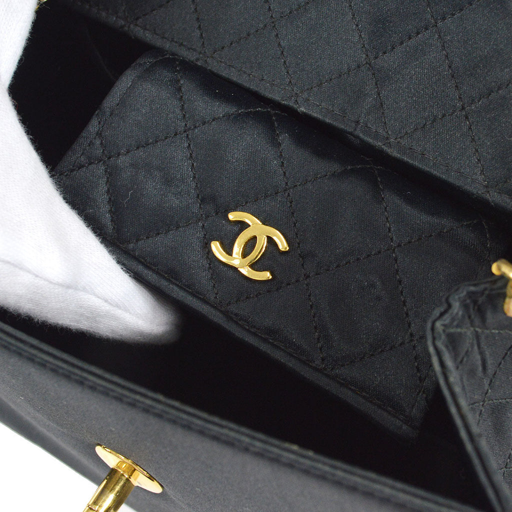 CHANEL 1989-1991 Trapezoid Flap Mini & Pouch Set Black Satin