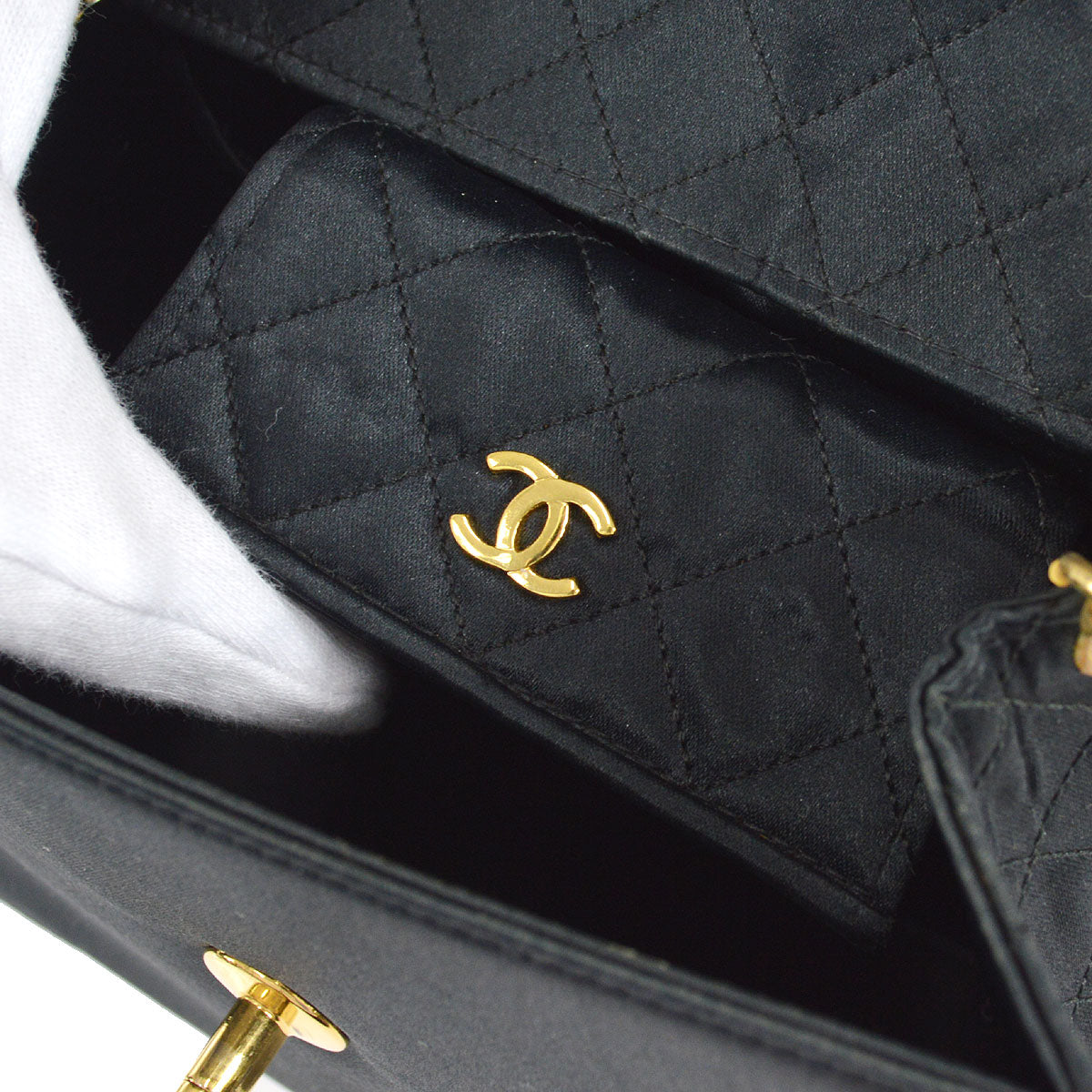 CHANEL 1989-1991 Trapezoid Flap Mini & Pouch Set Black Satin