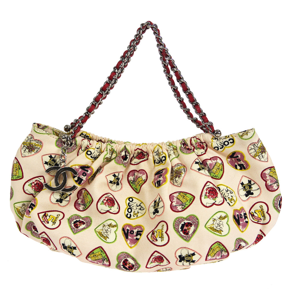 CHANEL 2005-2006 Heart Printed Handbag Pink Canvas