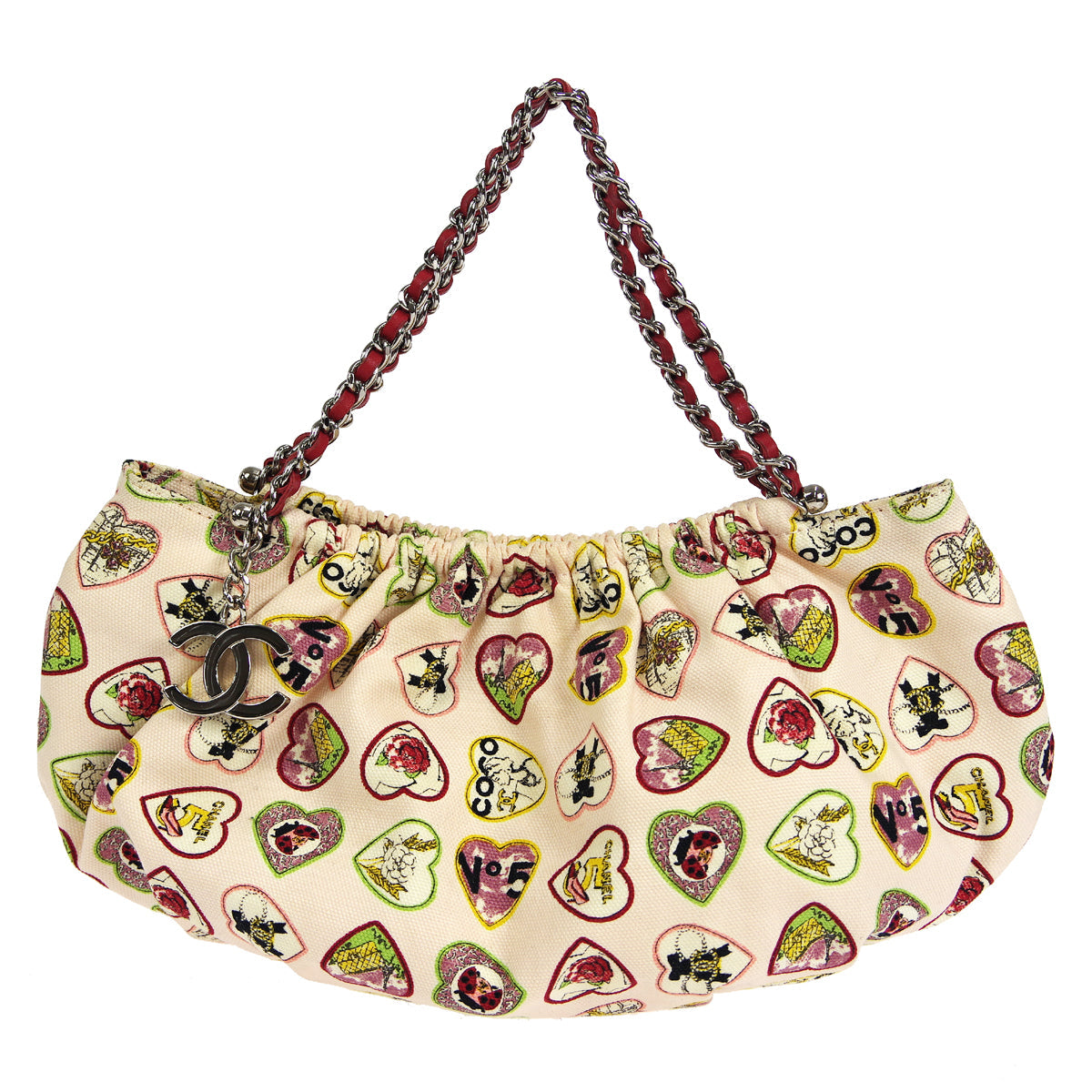 CHANEL 2005-2006 Heart Printed Handbag Pink Canvas