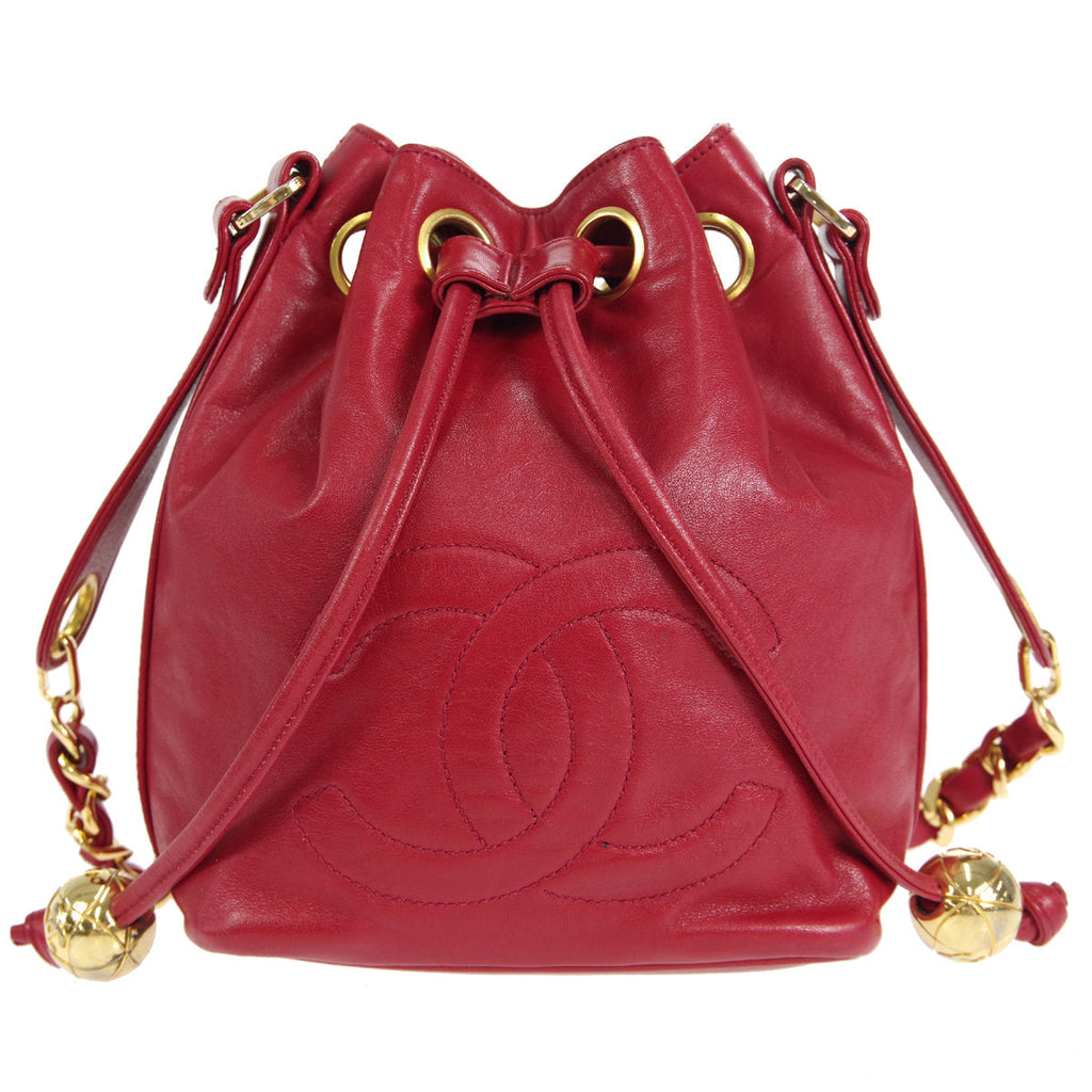 CHANEL 1991-1994 Drawstring Bag Red Lambskin