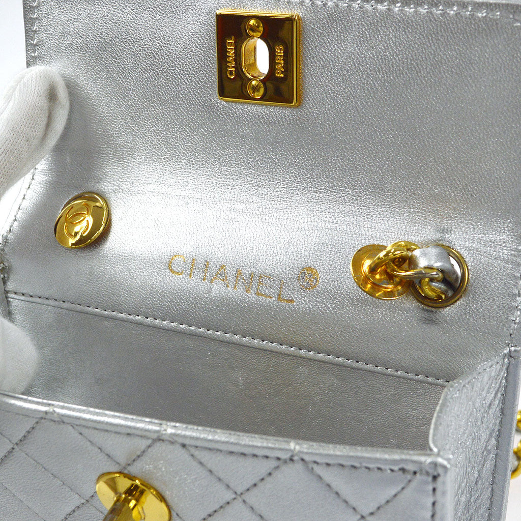 CHANEL 1989-1991 Straight Flap Micro Metallic Silver Lambskin