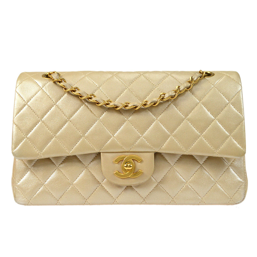 CHANEL 2000-2001 Classic Double Flap Medium Metallic Beige Lambskin