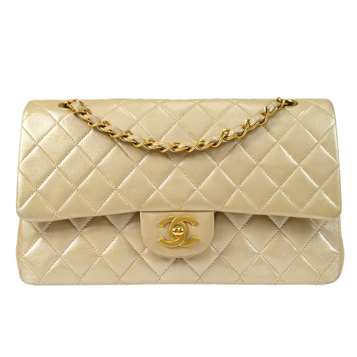 CHANEL 2000-2001 Classic Double Flap Medium Metallic Beige Lambskin