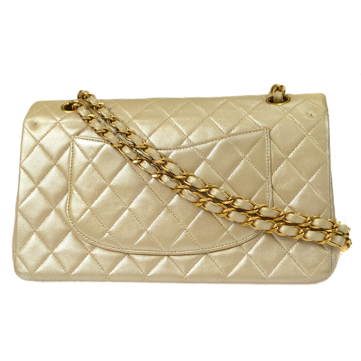CHANEL 2000-2001 Classic Double Flap Medium Metallic Beige Lambskin