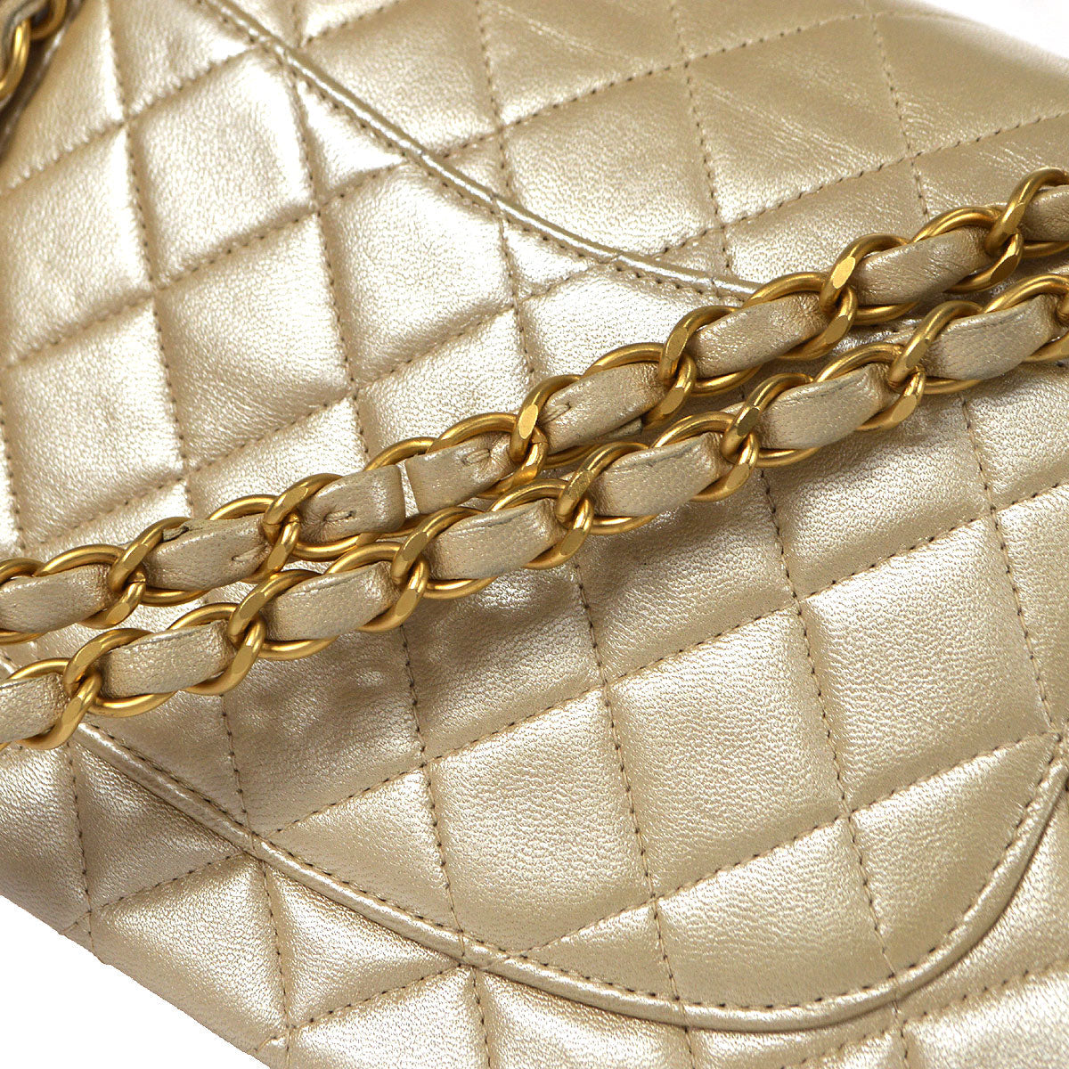 CHANEL 2000-2001 Classic Double Flap Medium Metallic Beige Lambskin