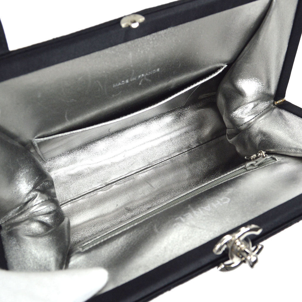 CHANEL 1996-1997 Kisslock CC Handbag Black Satin