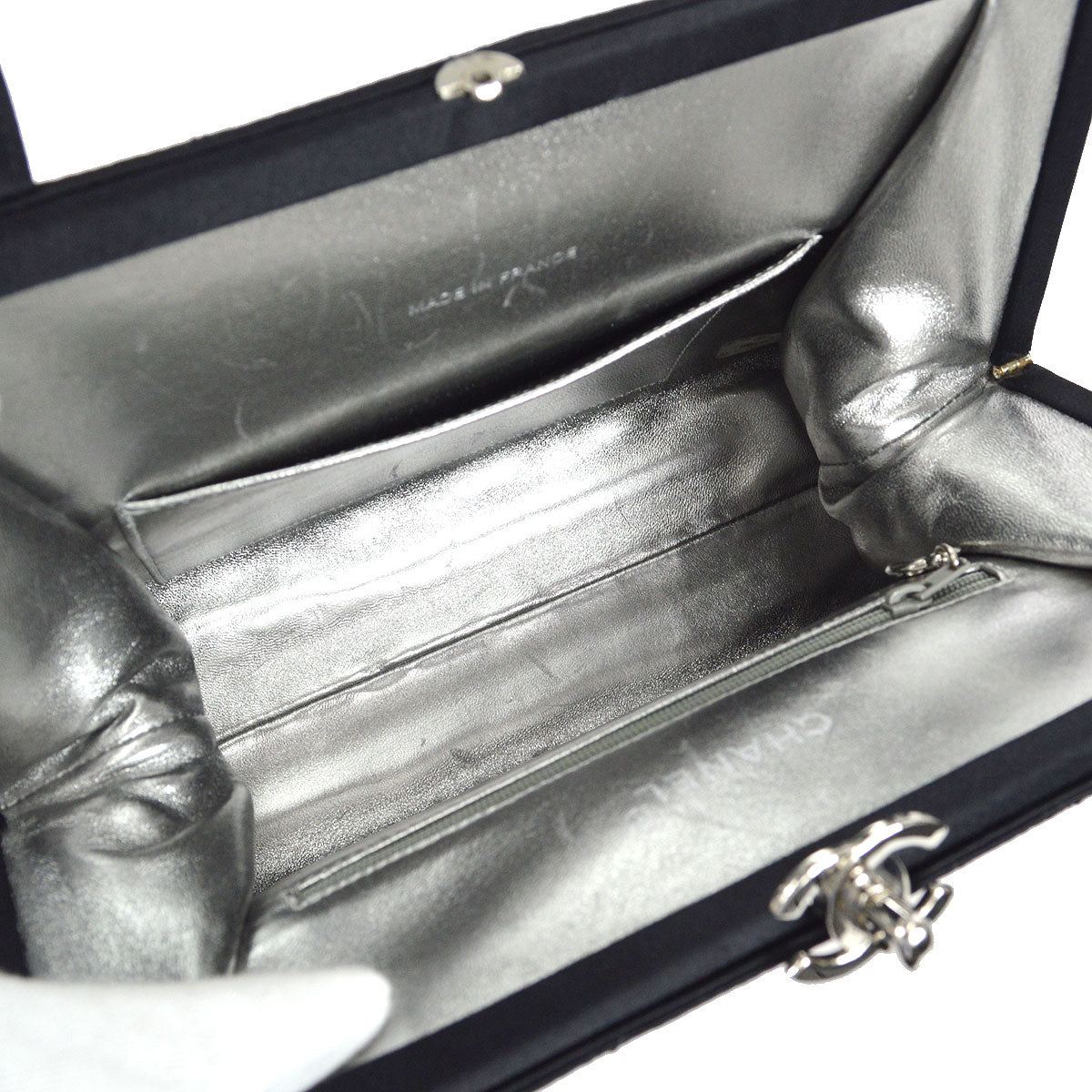 CHANEL 1996-1997 Kisslock CC Handbag Black Satin