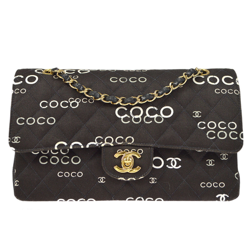 CHANEL 2001-2003 COCO patterned Classic Double Flap Medium Black Canvas