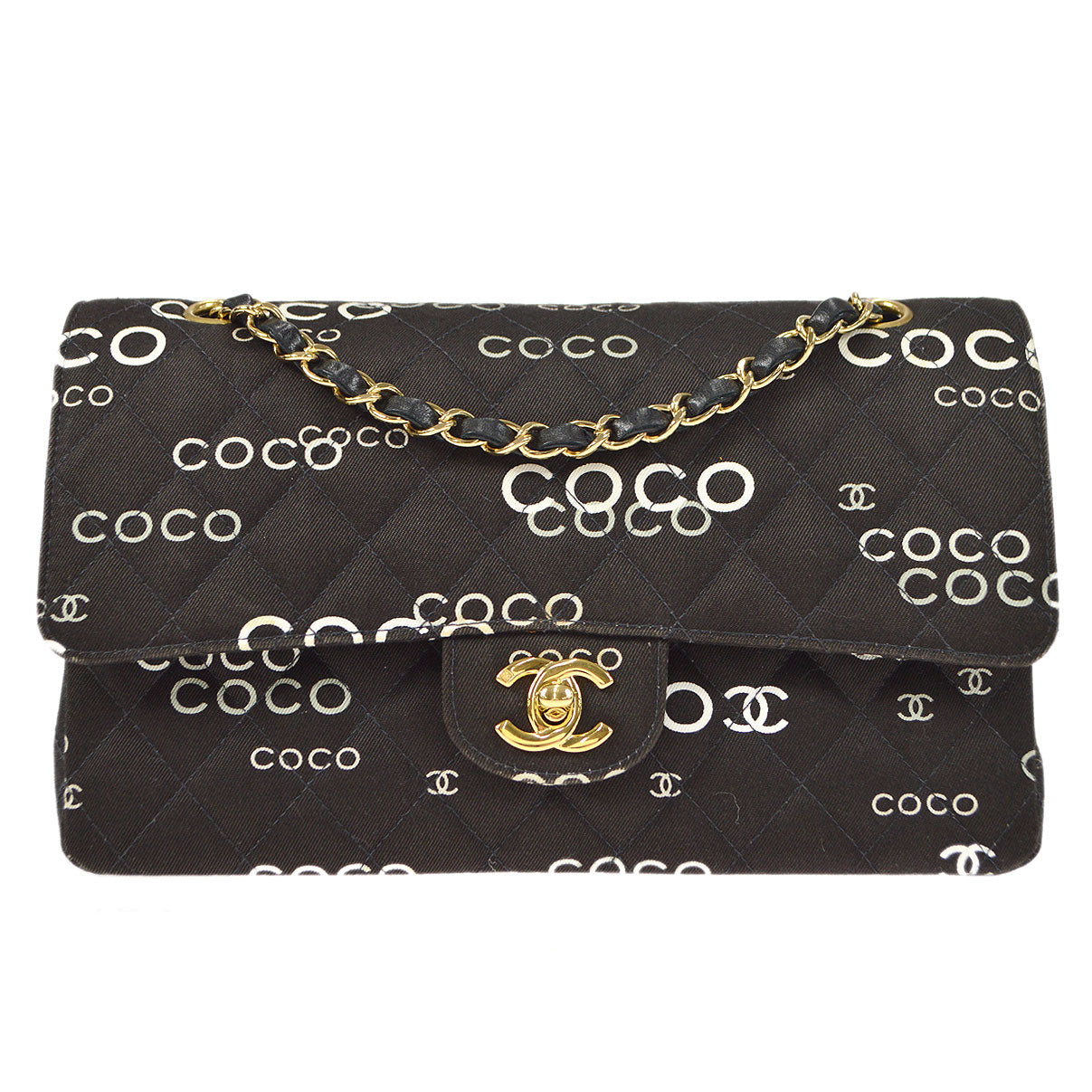 CHANEL 2001-2003 COCO patterned Classic Double Flap Medium Black Canvas