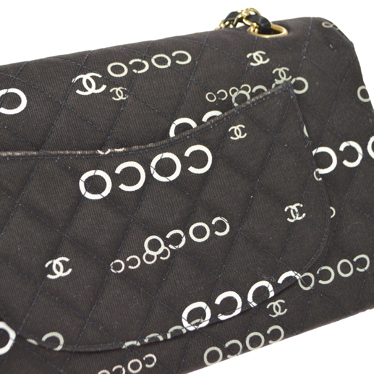 CHANEL 2001-2003 COCO patterned Classic Double Flap Medium Black Canvas