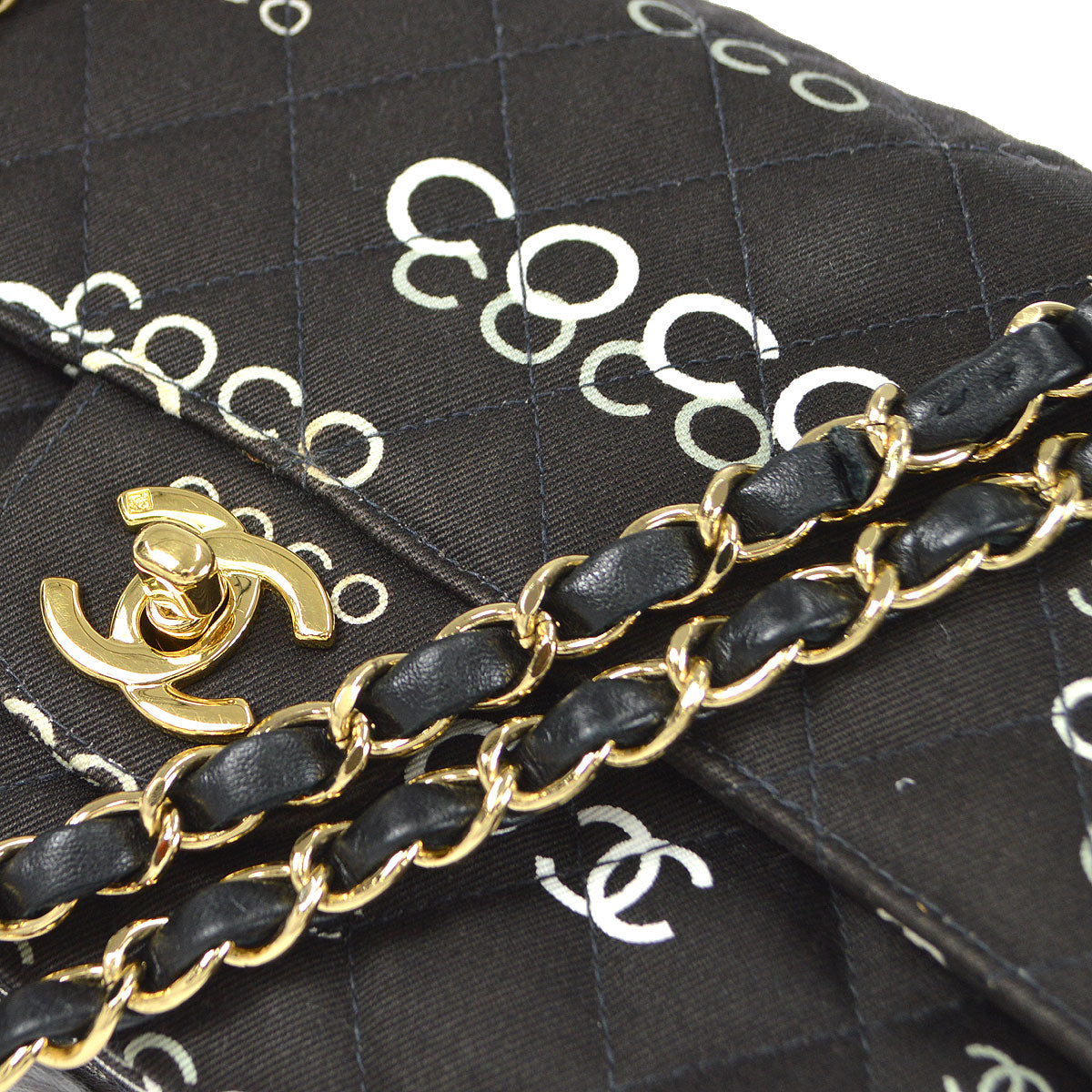 CHANEL 2001-2003 COCO patterned Classic Double Flap Medium Black Canvas