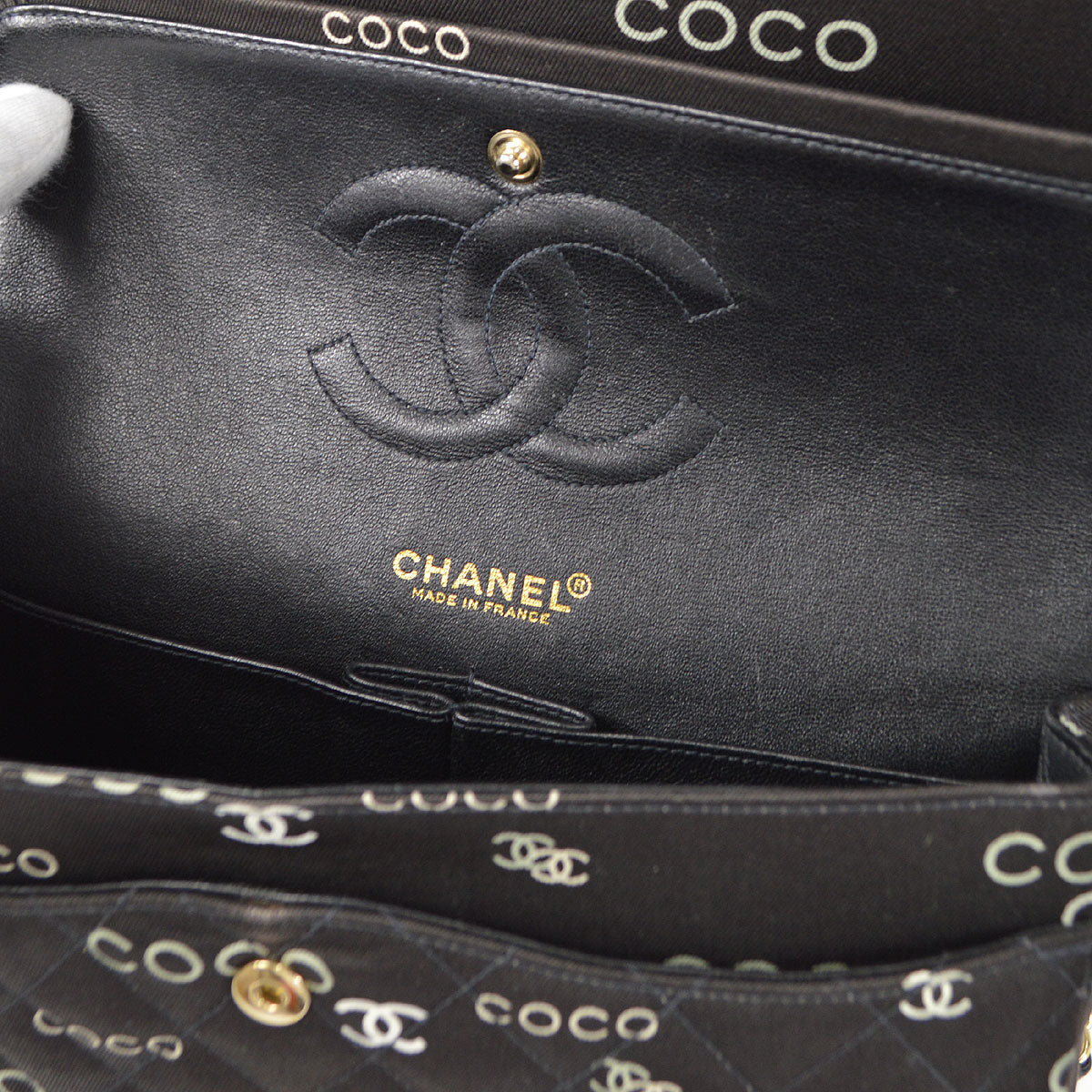 CHANEL 2001-2003 COCO patterned Classic Double Flap Medium Black Canvas