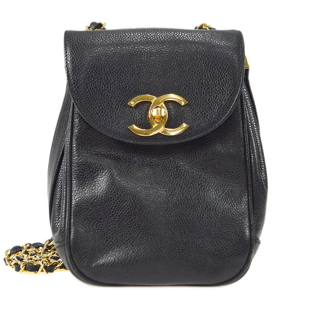 CHANEL 1986-1988 Round Flap Shoulder Bag Black Caviar