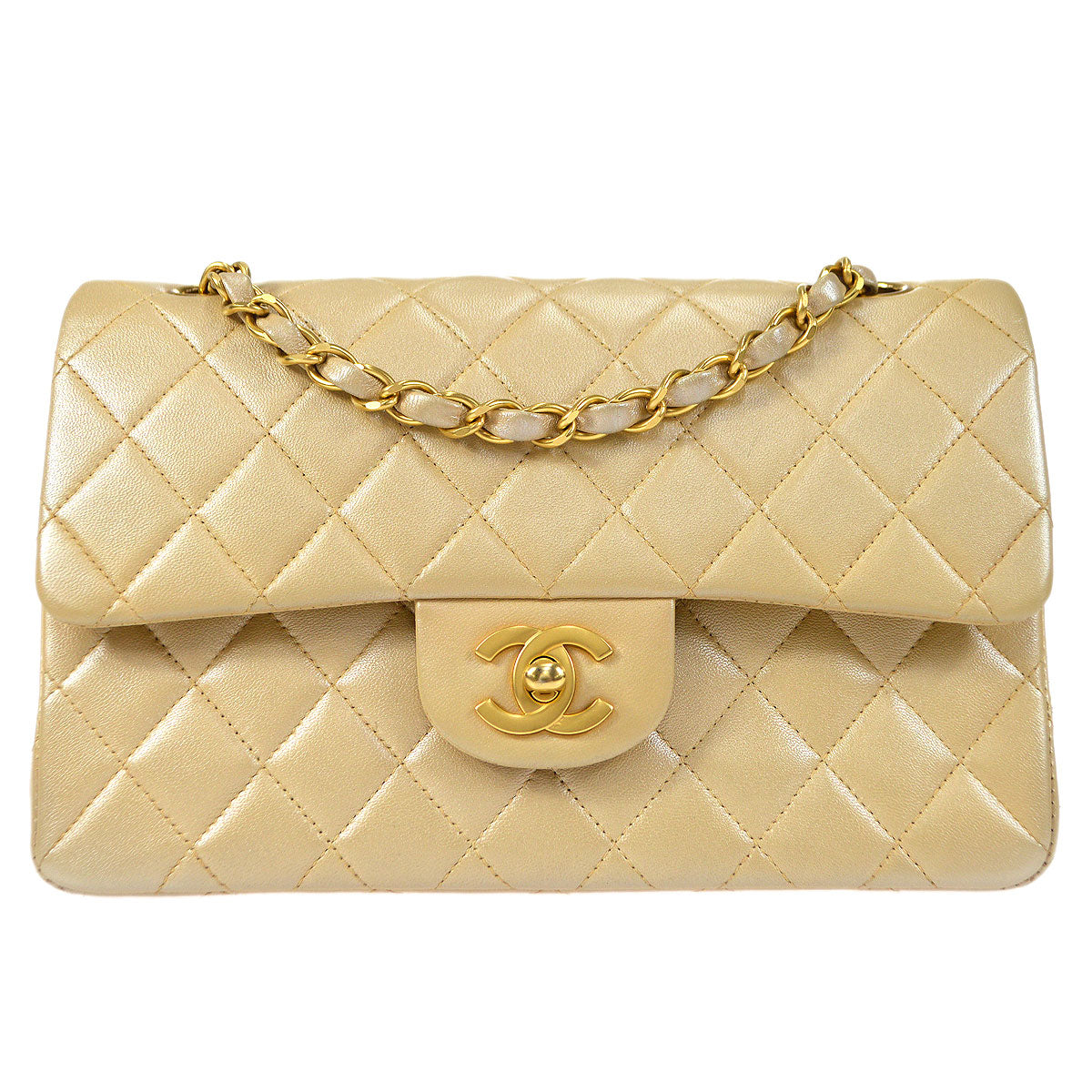 CHANEL 2000-2001 Classic Double Flap Medium Metallic Beige Lambskin